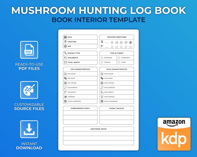 KDP Interior Template mushroom Hunting Log Book Low Content Design Etsy