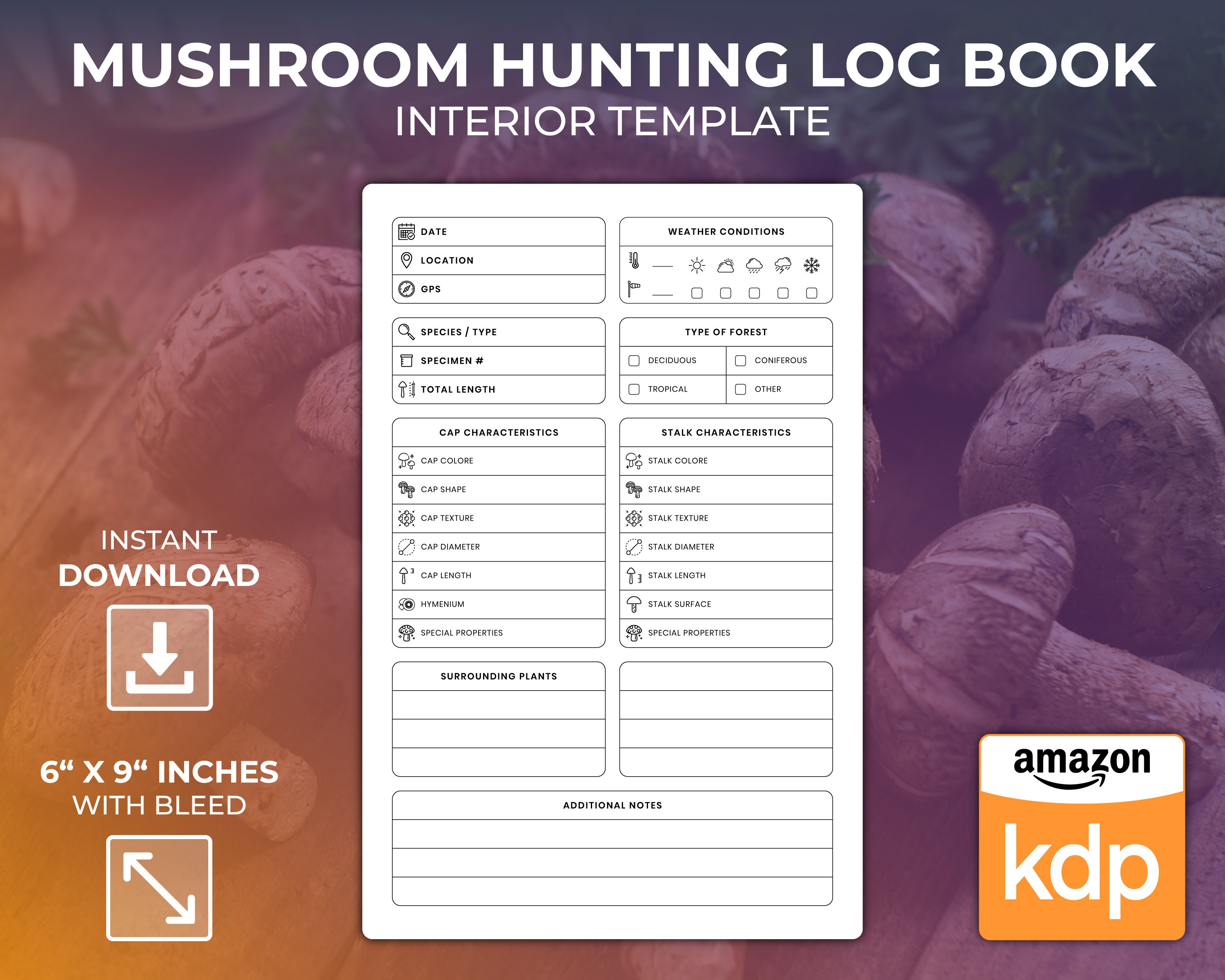 KDP Interior Template Mushroom Hunting Log Book Low Content Etsy