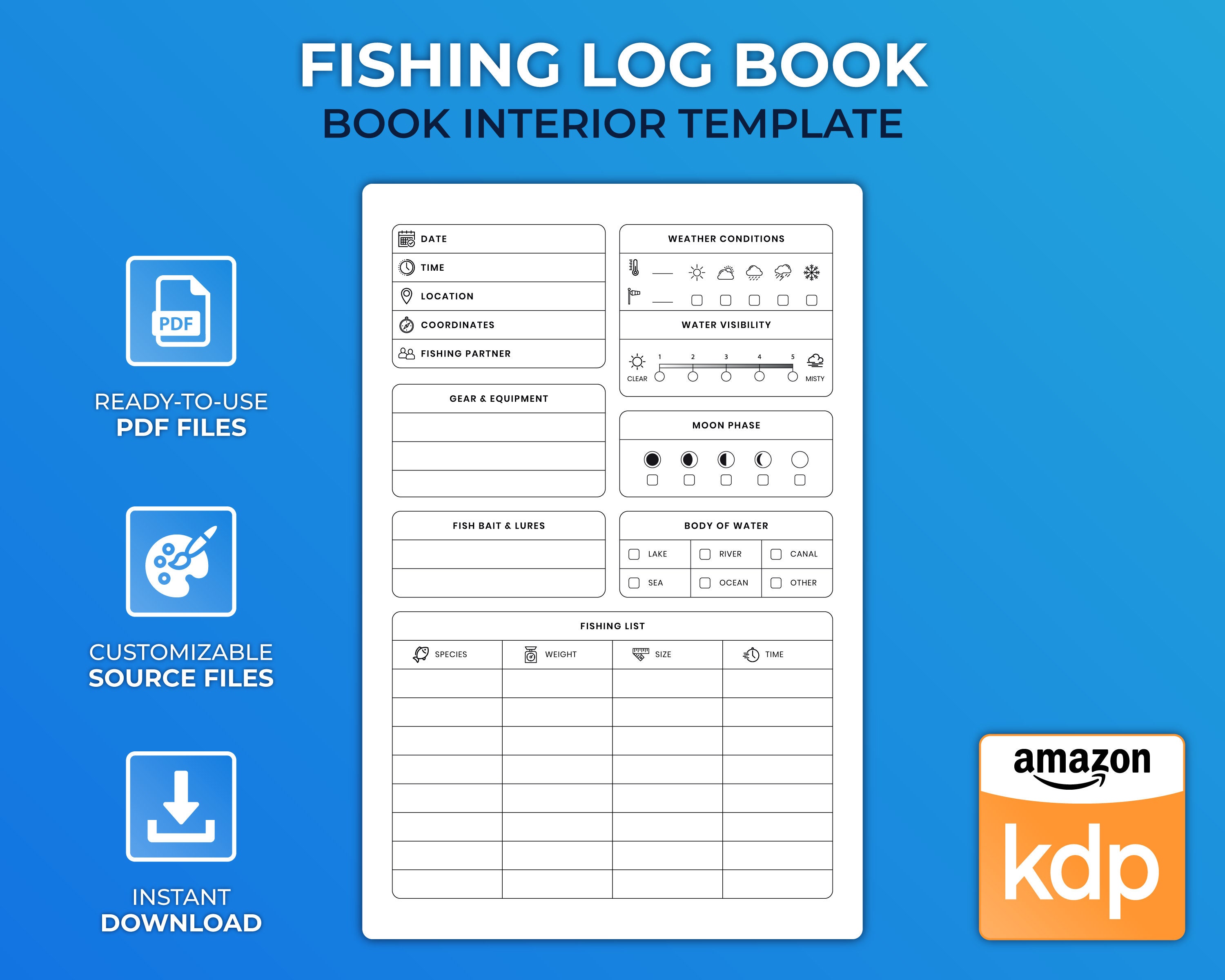 KDP Interior Template Fishing Log Book Low Content Design 