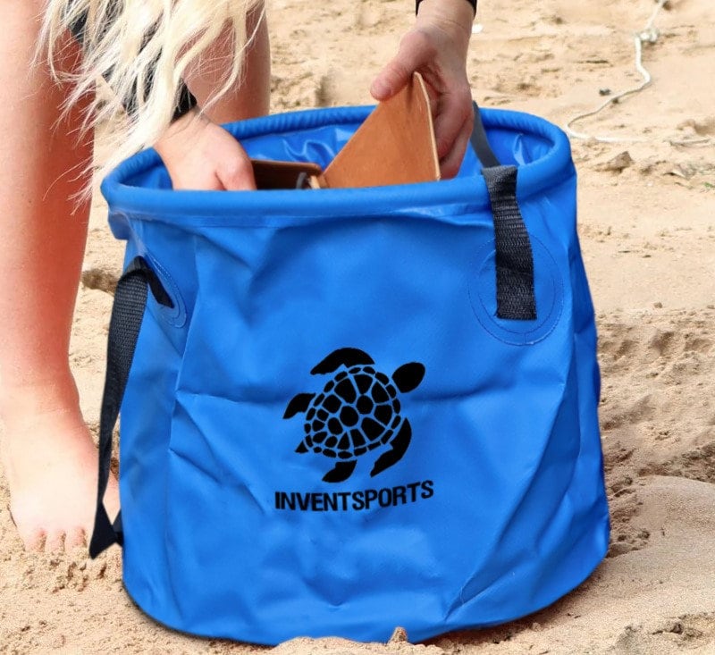 It's Indispensable! Our Waterproof Folding Beach Bucket - Perfect for Beach, lake+pool ! A Great Gift for Surfers, Sup Fans & Wild swimmers!