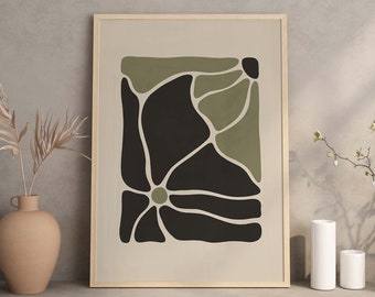 Botanical Sage Green and Black Abstract Wall Art Print | Modern Minimal Organic Flower Poster | Sage Green Aesthetic | Floral Trendy Decor