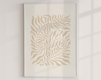 Beige Boho Wall Art Print with Abstracat Leaf | Minimalistic Modern Botanical Flower Poster in Neutral Colors