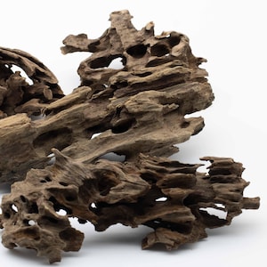 May include: Close-up of several pieces of driftwood, showing a natural, weathered look. The wood has brown and grey tones, with detailed textures and holes. Suitable for aquarium decoration or craft projects.