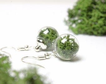 Boucles d’oreilles Terrarium | Pendentif globe de mousse préservé sur fils d’oreille plaqués argent | Bijoux de fée bohème