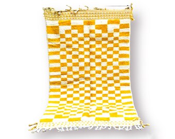 Beni Ourain Rug, Checkered Rug, Wool Rug, yellow rug
