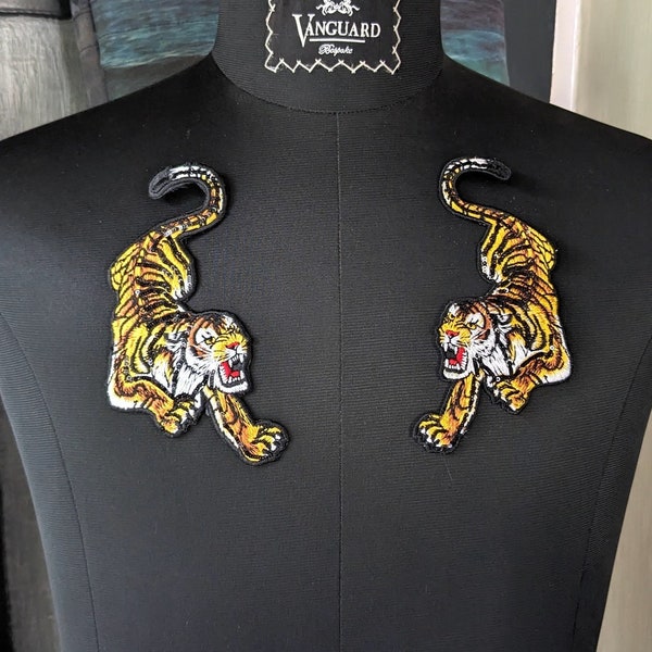Pair of crouching tiger patches, iron-on or sew in. large size patch, applique, decorative, embroidery, left / right back of jacket patches
