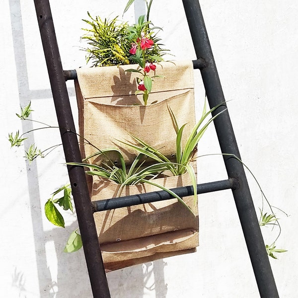 Vertical garden jute pocket planter, space saving, 4 or 2 pocket saddle bag, outdoor or indoor, water tight with drainage holes & drip trays