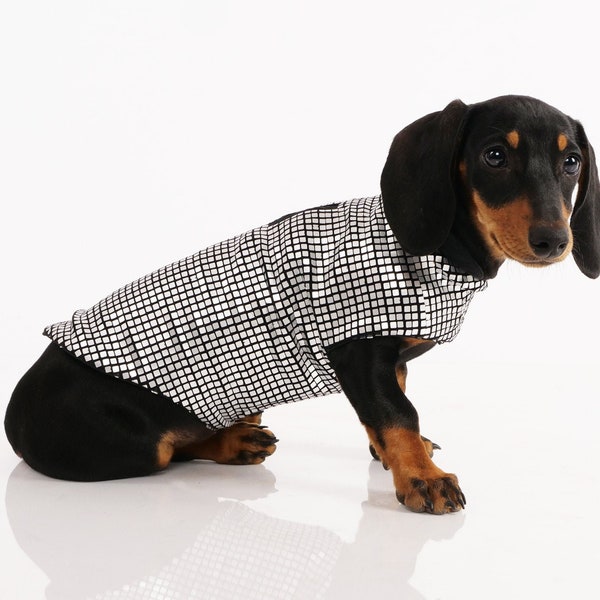 Custom disco ball sequin dog coat, dachshund, pug, Frenchie, any dog! Lead attachment & harness hole, party, wedding, halloween, Christmas