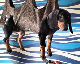 Cat / dog hammock for nail cutting. Designed for dachshunds & cats suitable for other small/medium breeds. Extra strong with back support