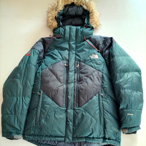 The North Face hyvent 700 baltoro parka heavy weight puffer | with detachable hood and fur trim | size - mens 2XL | green and navy
