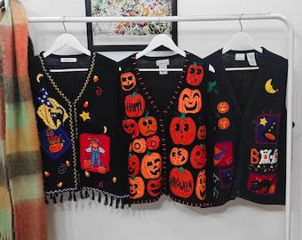 Lサイズ - ヴィンテージ ハロウィン セーターベスト | 90年代～2000年代 ハンドメイド刺繍 | レディース ラージ ノースリーブ カーディガン