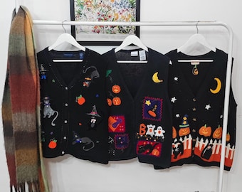 L-XXL vintage Halloween sweater vests | retro 90-00's  handmade embroidery womens sleeveless cardigan