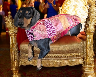 Custom handmade indian ethnic coat for dogs. Traditional indian khambadiya sari patchwork quilting dog clothes. Diwali Indian wedding attire