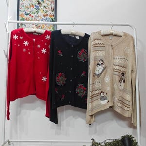 L - vintage Christmas sweater | retro 90-00's handmade embroidered knit | festive holiday cardigan | womens large