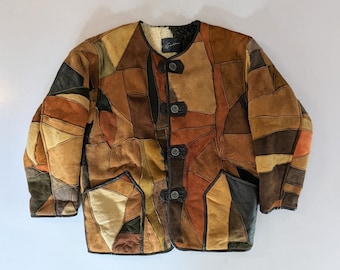 Vintage 80&#39;s boro leather and suede patchwork boxy fit jacket | heavy and warm with sherpa lining | Size womens - medium to large | oversize