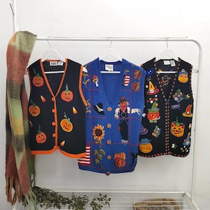 S - vintage Halloween sweater vests | 90's-00's handmade embroidery | womens small spooky knit