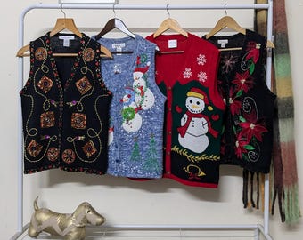 Small - Medium vintage christmas sweater vests | retro 80-90&#39;s ramiecotton handmade beaded knitwear | festive holiday themed cardigan |