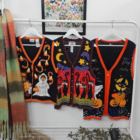 M/3X - vintage Halloween sweater vests | 90's-00's handmade embroidery | womens medium / plus size
