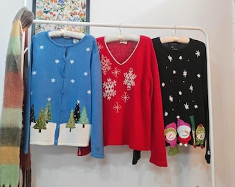 L - Vintage Weihnachtspullover | retro 90-00's Stickerei festliche Feiertags Strickjacke | Damen groß