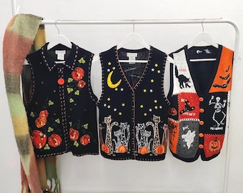 S - vintage Halloween sweater vests | 90's-00's handmade embroidery | womens small spooky knit