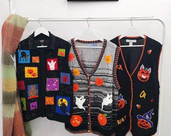 XXL - vintage Halloween sweater vests | retro 90's-00's handmade decorated embroidery | women's 2X | spooky knit