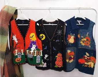L-XL - vintage Halloween / fall sweater vests | 90's-00's handmade embroidery | womens large