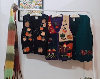 M-L-XL vintage herfst/herfst trui vesten | Ramee-katoen | dames | herfstbladeren, pompoen, oogstvogelverschrikker, Halloween, kruissteek