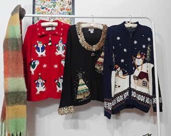 M - vintage Christmas sweater | retro 90-00's handmade embroidered festive holiday cardigan | womens medium