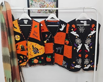 L - vintage Halloween sweater vests | 90's-00's handmade embroidery | womens large | spooky knit