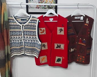 L vintage fall sweater vests |  retro 90's-00's embroidery hand knit | womens large cardigan