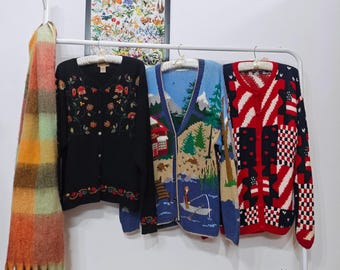 Cardigan vintage misti S-M-L / Maglione colorato ricamato con fantasia in cotone ramiè lavorato a mano / Americano USA, pesca, boschi di baite