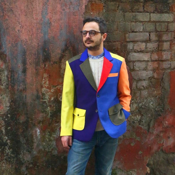 Custom multi coloured flannel blazer, mens designer jacket, skull lining, unusual modern, bespoke finish, bright color statement suit jacket