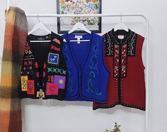 L-XL vintage colorful sweater vests | retro 90's-00's Ramie Cotton hand knit embroidery cardigan | womens large / 1X