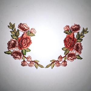 May include: Two embroidered floral appliques featuring pink and red roses and green leaves.