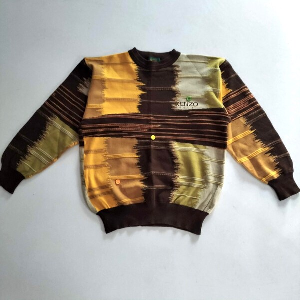 Vintage 90's Kenzo 3D knit cardigan in wool | In excellent condition | Multi coloured, brown, yellow, white size mens medium