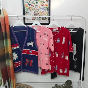 May include: A clothes rail holds four sweaters and a vest. The sweaters are pink, red, and black, each with cat motifs. The blue vest has cat, bow, and snowflake patterns. A framed floral print hangs in the background.