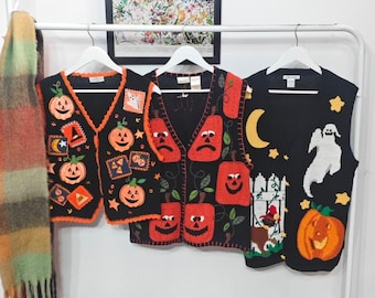 M - vintage Halloween sweater vests | 90's-00's handmade embroidery | womens medium sleeveless cardigan