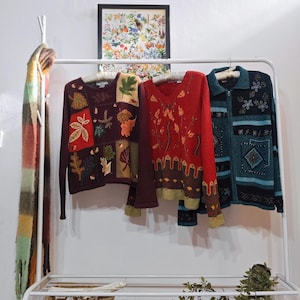 Medium vintage autumn/fall cardigan sweaters | RamieCotton  | womens cardigan | fall leaves, acorns, red, teal, brown, embroidery, patchwork