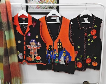 XL - vintage Halloween sweater vest | 90's-00's handmade embroidery sleeveless cardigan | womens size 1X