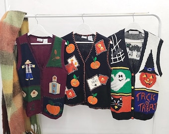 M - vintage Halloween sweater vests | retro 90's-00's handmade decorated embroidery | women's Medium | spooky knit