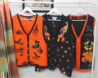 XL - vintage Halloween sweater vests | 90's-00's handmade embroidery | womens 1X sleeveless cardigan