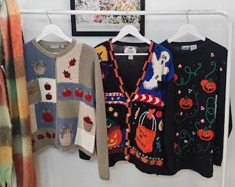M size vintage Halloween / fall sweaters | 90's-00's hand knitted embroidered cardigan | womens medium