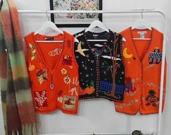 S-M - vintage Halloween sweater vests | 90's-00's handmade embroidery | womens large sleeveless cardigan