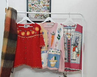 L-XL - vintage Easter / spring / summer sweaters | retro 90-00's hand knitted embroidery cardigan vest | womens size large / XXL