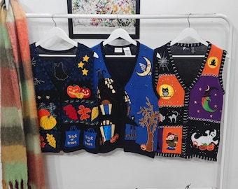 S - vintage Halloween sweater vests | 90's-00's handmade embroidery | womens small sleeveless cardigan