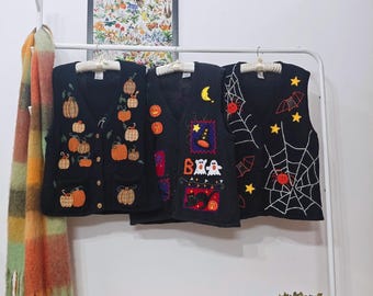 L size vintage Halloween sweater vests | retro 80-90&#39;s ramiecotton handmade decorated beaded embroidered womens cardigan | pumpkin cat black