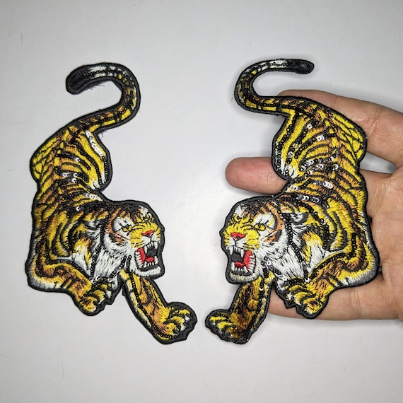 Pair of crouching tiger patches, iron-on or sew in. large size patch, applique, decorative, embroidery, left / right back of jacket patches