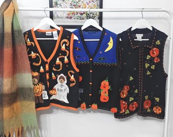 M - vintage Halloween sweater vests | retro 90's-00's handmade decorated embroidery | women's Medium | spooky knit