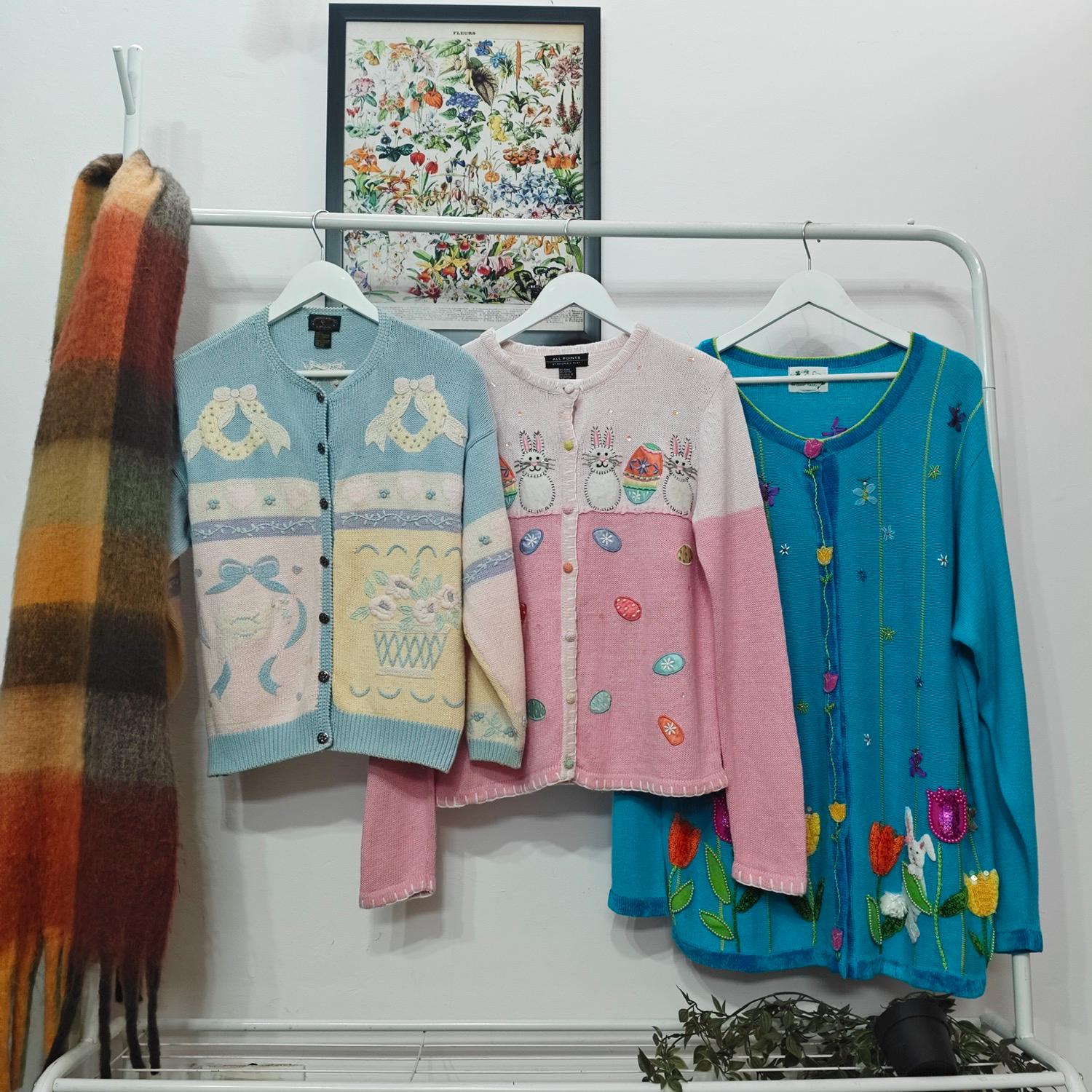 M-3X - vintage mixed sweater Ramie Cotton handknit patterned embroidered cardigan pastels, spring, easter bunny, tulips, flowers
