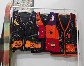 Premium vintage Halloween-sweatervesten L-XL | retro jaren 80-90's rameekatoen handgemaakt versierd met kralen geborduurd damesvest | pompoenkat